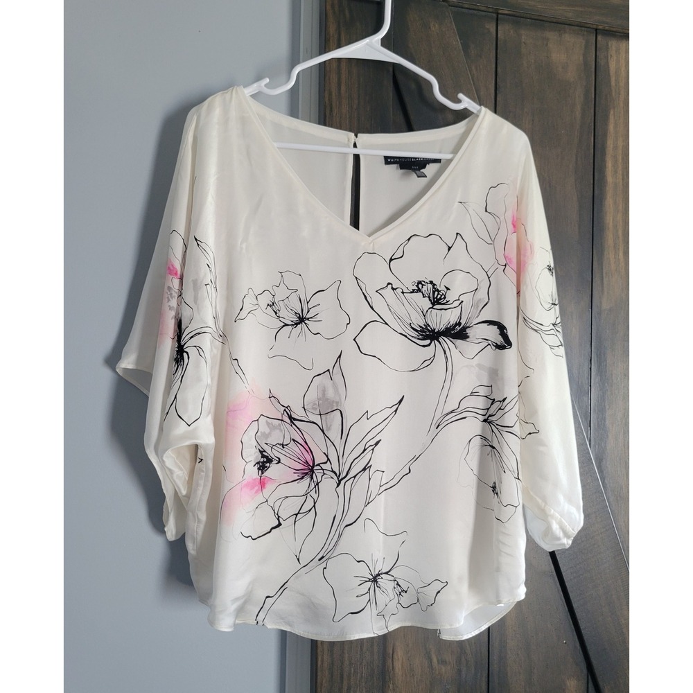 White‎ House Black Market 100% Silk Blouse Womens M White Floral Work Office